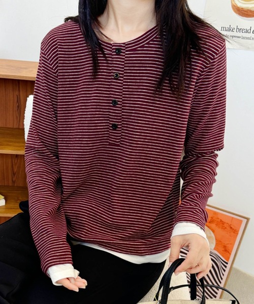 aimoha（アイモハ）の「ヘンリーネックボーダー長袖Tシャツ（Tシャツ/カットソー・レディース・ブラック/ベージュ/チョコ/ワインレッド・FREE）」の15枚目の写真