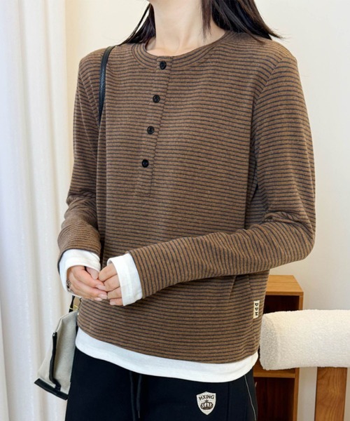 aimoha（アイモハ）の「ヘンリーネックボーダー長袖Tシャツ（Tシャツ/カットソー・レディース・ブラック/ベージュ/チョコ/ワインレッド・FREE）」の9枚目の写真