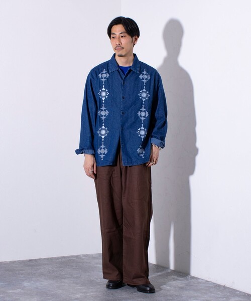 GLOSTER(グロスター)の「【GLOSTER/グロスター】6.5オンス デニム刺繍 ロングスリーブシャツ 長袖シャツ(シャツ/ブラウス・メンズ・インディゴブルー/オフホワイト/ブラック・M/L)」の4枚目の写真