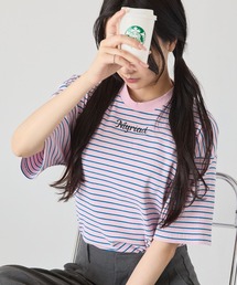 ワンポイント刺繍マルチボーダーショート丈半袖Tシャツ