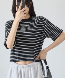 ワンポイント刺繍マルチボーダーショート丈半袖Tシャツ