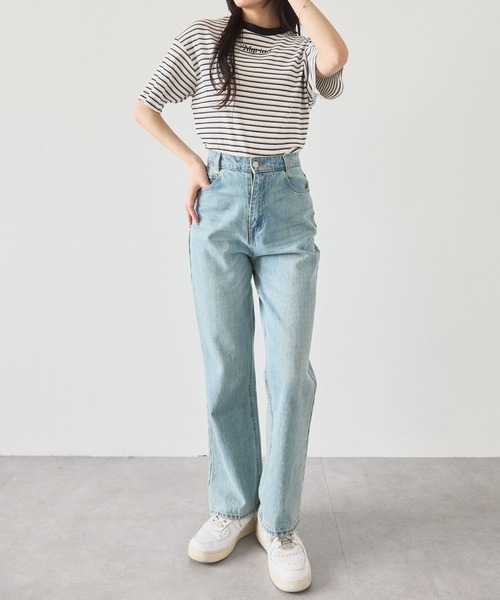 セール】ワンポイント刺繍マルチボーダーショート丈半袖Tシャツ