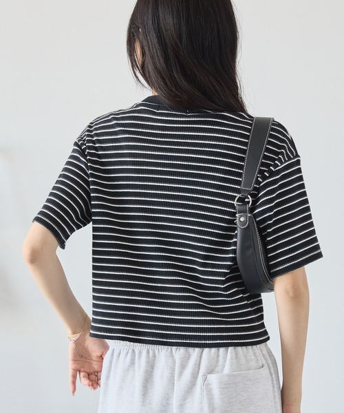 セール】ワンポイント刺繍マルチボーダーショート丈半袖Tシャツ