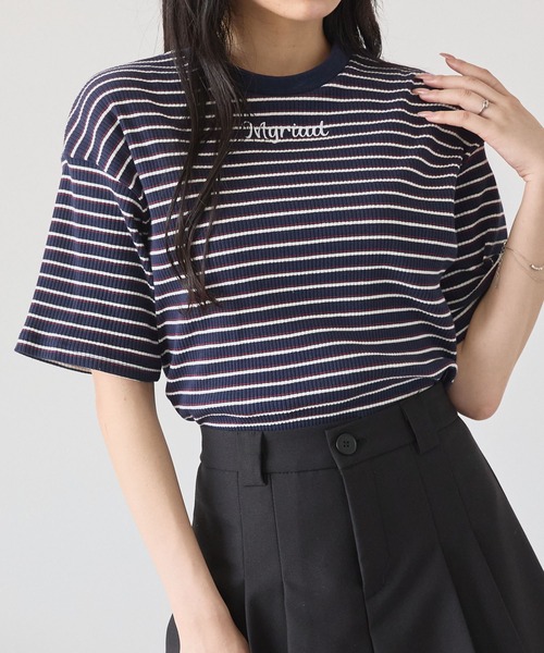 セール】ワンポイント刺繍マルチボーダーショート丈半袖Tシャツ