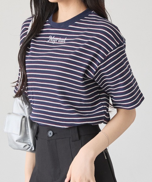 ワンポイント刺繍マルチボーダーショート丈半袖Tシャツ MONO-MART