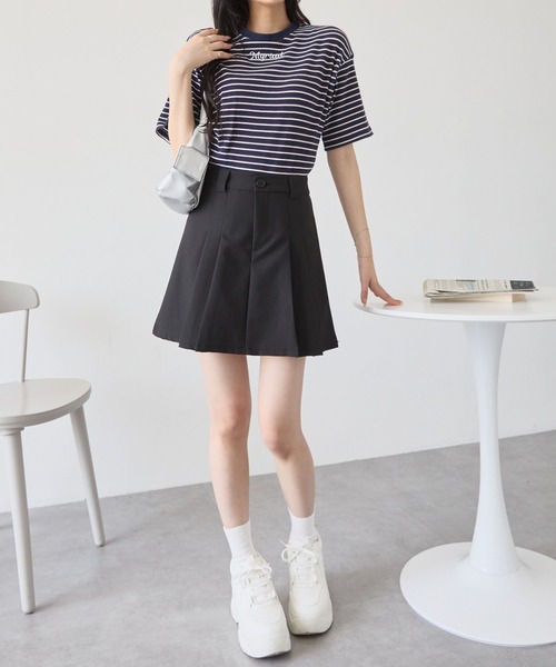 セール】ワンポイント刺繍マルチボーダーショート丈半袖Tシャツ セール】ワンポイント刺繍マルチボーダーショート丈半袖Tシャツ