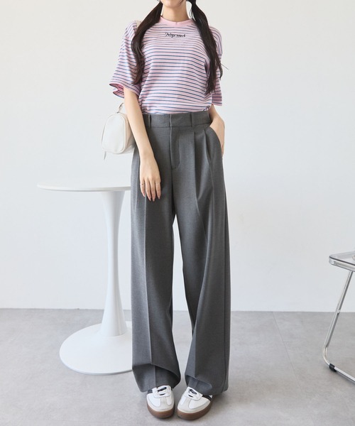 ワンポイント刺繍マルチボーダーショート丈半袖Tシャツ MONO-MART