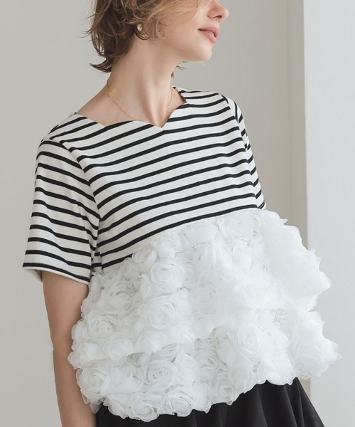 DONOBAN（ドノバン）の「フラワーチュールボーダートップス（Tシャツ/カットソー・レディース・ブラック/レッド・ONE）」の2枚目の写真