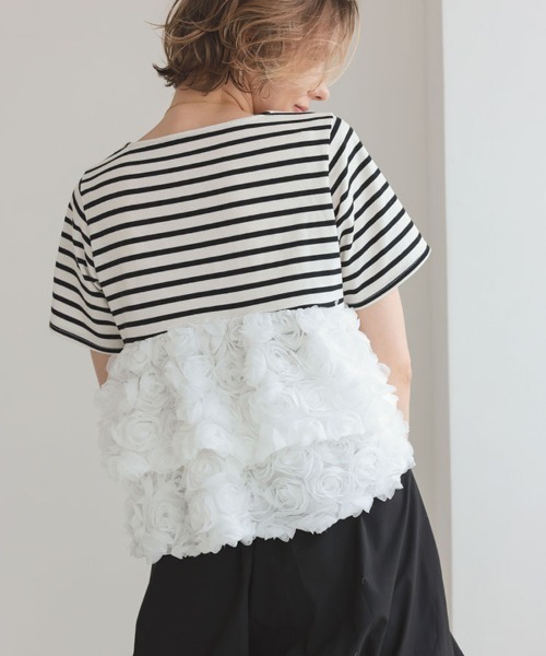 DONOBAN（ドノバン）の「フラワーチュールボーダートップス（Tシャツ/カットソー・レディース・ブラック/レッド・ONE）」の3枚目の写真