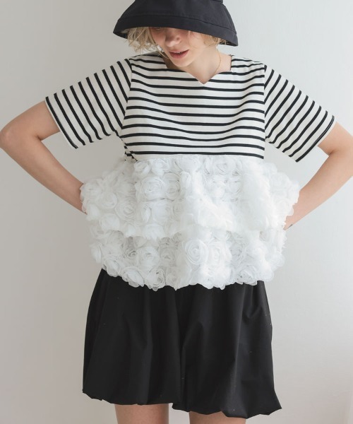 DONOBAN（ドノバン）の「フラワーチュールボーダートップス（Tシャツ/カットソー・レディース・ブラック/レッド・ONE）」の6枚目の写真