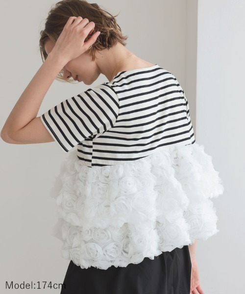 DONOBAN（ドノバン）の「フラワーチュールボーダートップス（Tシャツ/カットソー・レディース・ブラック/レッド・ONE）」の8枚目の写真