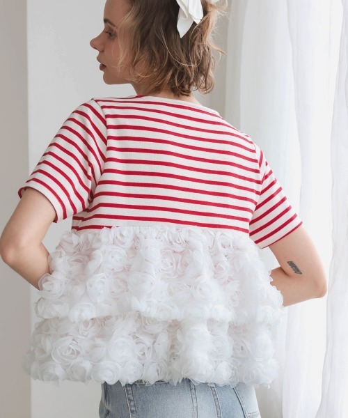 DONOBAN（ドノバン）の「フラワーチュールボーダートップス（Tシャツ/カットソー・レディース・ブラック/レッド・ONE）」の10枚目の写真
