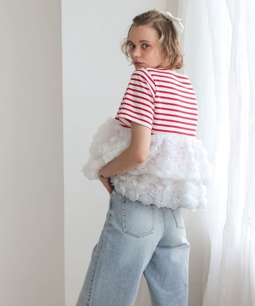 DONOBAN（ドノバン）の「フラワーチュールボーダートップス（Tシャツ/カットソー・レディース・ブラック/レッド・ONE）」の12枚目の写真