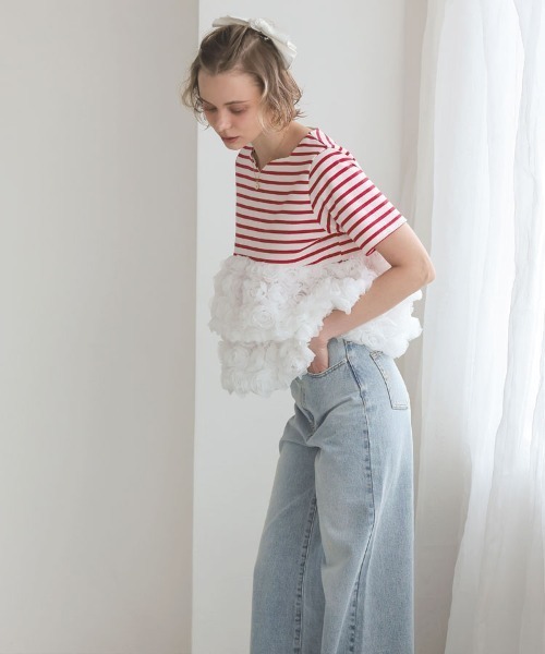 DONOBAN（ドノバン）の「フラワーチュールボーダートップス（Tシャツ/カットソー・レディース・ブラック/レッド・ONE）」の13枚目の写真