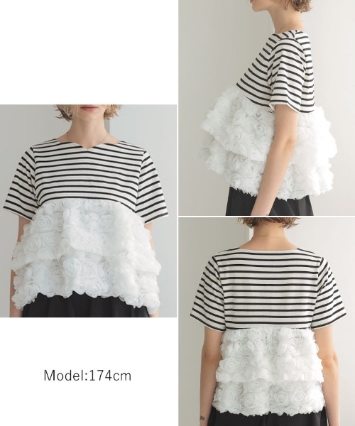 DONOBAN（ドノバン）の「フラワーチュールボーダートップス（Tシャツ/カットソー・レディース・ブラック/レッド・ONE）」の15枚目の写真