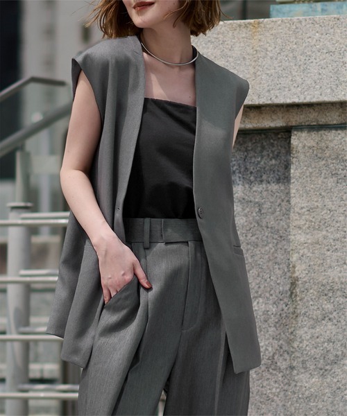 UR'S（ユアーズ）の「ソフトツイルノーカラージレ（ノーカラージャケット・レディース・チャコール/ブラック・L/M/S）」の2枚目の写真