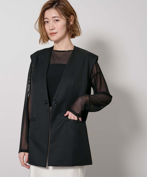 UR'S（ユアーズ）の「ソフトツイルノーカラージレ（ノーカラージャケット・レディース・チャコール/ブラック・L/M/S）」の3枚目の写真