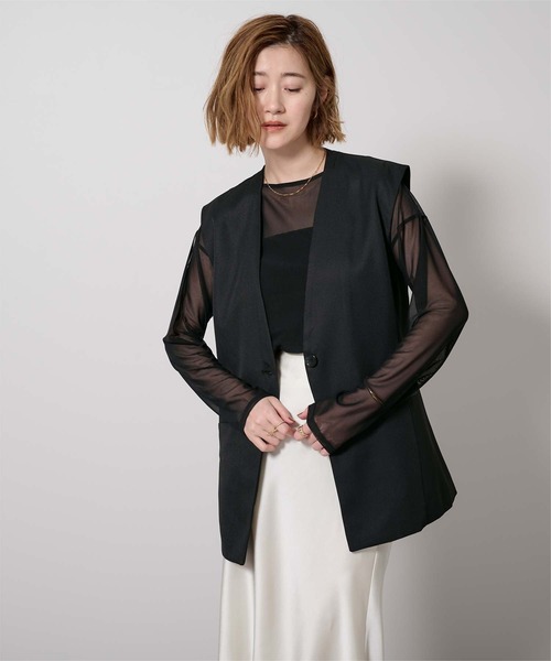 UR'S（ユアーズ）の「ソフトツイルノーカラージレ（ノーカラージャケット・レディース・チャコール/ブラック・L/M/S）」の6枚目の写真