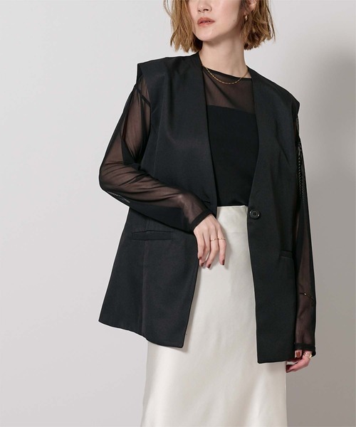 UR'S（ユアーズ）の「ソフトツイルノーカラージレ（ノーカラージャケット・レディース・チャコール/ブラック・L/M/S）」の9枚目の写真