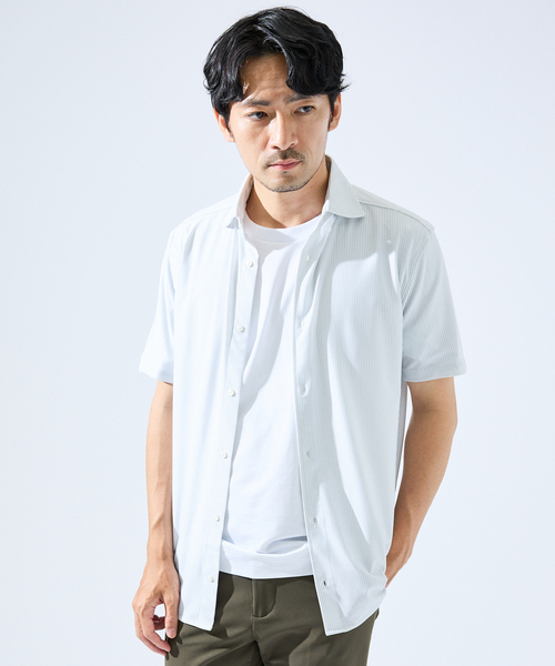 ABAHOUSE GRAY（アバハウスグレイ）の「【形状安定性 / 伸縮性】トリコットストライプ 半袖シャツ（シャツ/ブラウス・メンズ・ライトグレー/ネイビー/グレイッシュベージュ/サックスブルー/その他・44/46/48/50）」の3枚目の写真