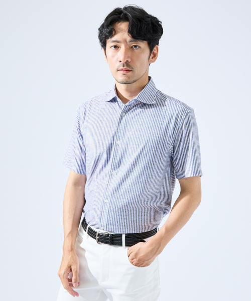 ABAHOUSE GRAY（アバハウスグレイ）の「【形状安定性 / 伸縮性】トリコットストライプ 半袖シャツ（シャツ/ブラウス・メンズ・ライトグレー/ネイビー/グレイッシュベージュ/サックスブルー/その他・44/46/48/50）」の5枚目の写真