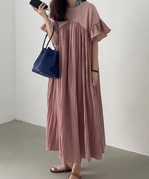 プリーツフリル切り替えワンピース