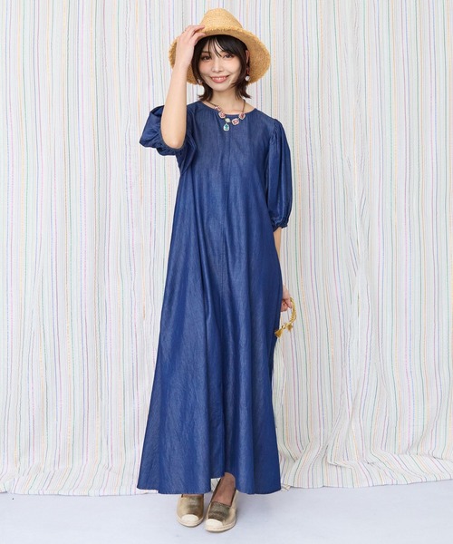 JETSET SOLO PLUS (ジェットセットソロプラス)の「【INDUS luxury for JETSET SOLO PLUS】シャンブレーデニムパフスリーブワンピース(ワンピース・レディース・インディゴブルー/ライトインディゴブルー・FREE)」の2枚目の写真