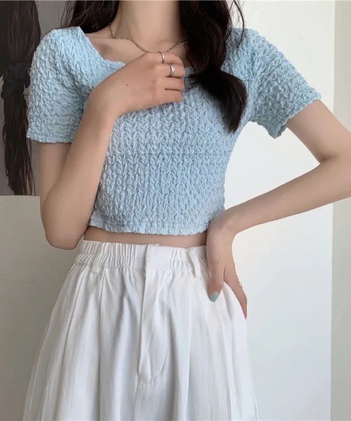 SHEENA（シーナ）の「スクエアネックくしゅくしゅ半袖トップス（Tシャツ/カットソー・レディース・ライトブルー/ブラック/オフホワイト・M）」の3枚目の写真