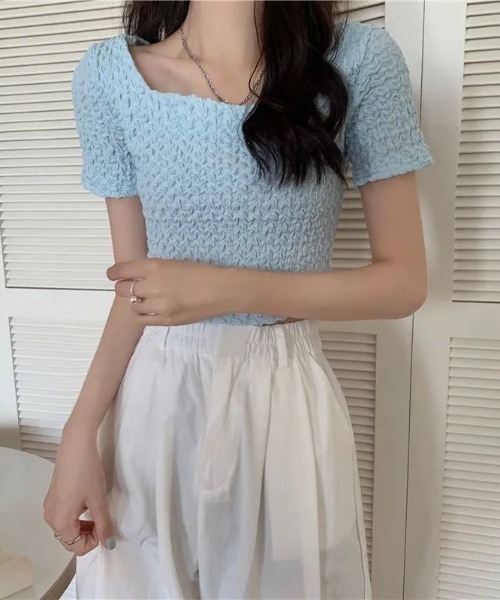 SHEENA（シーナ）の「スクエアネックくしゅくしゅ半袖トップス（Tシャツ/カットソー・レディース・ライトブルー/ブラック/オフホワイト・M）」の18枚目の写真