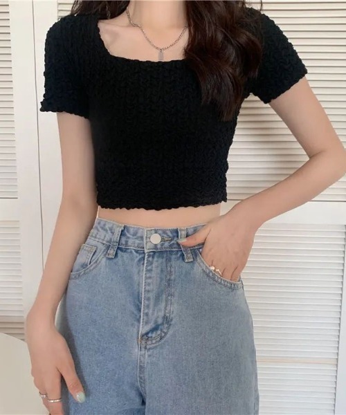 SHEENA（シーナ）の「スクエアネックくしゅくしゅ半袖トップス（Tシャツ/カットソー・レディース・ライトブルー/ブラック/オフホワイト・M）」の19枚目の写真