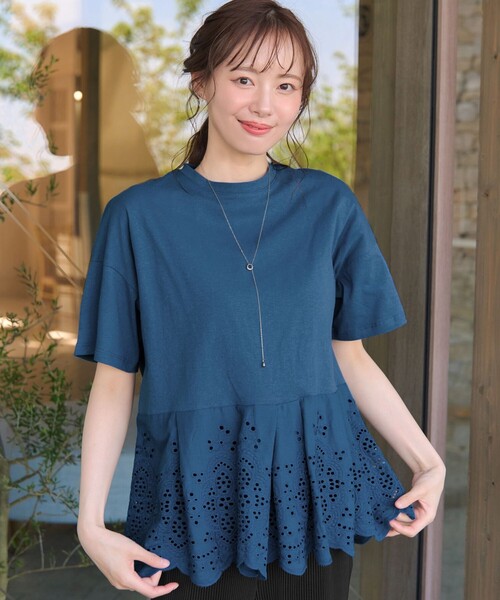 刺繍レースドッキングカットソー 刺繍レースドッキングカットソートップス（Tシャツ/カットソー