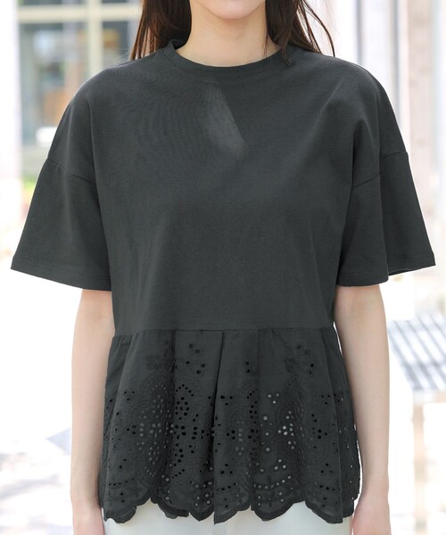 刺繍レースドッキングカットソー 刺繍レースドッキングカットソートップス（Tシャツ/カットソー