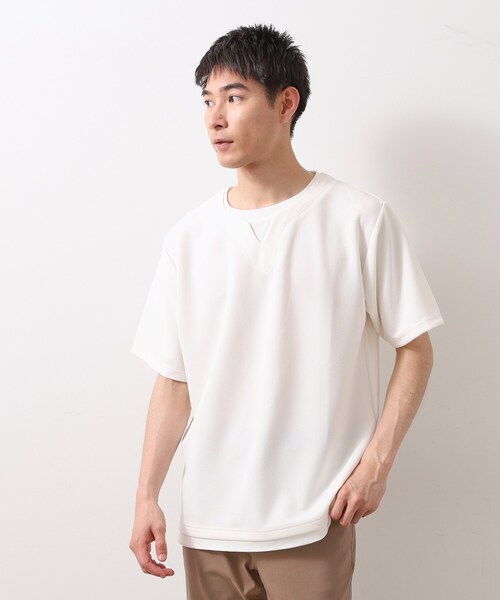 THE SHOP TK (ザ ショップ ティーケー )の「ツイルキーネック 半袖Tシャツ 接触冷感/洗濯機OK(Tシャツ/カットソー・メンズ・オフホワイト/ネイビー/ライトグレー/モスグリーン・02/03/04)」の2枚目の写真