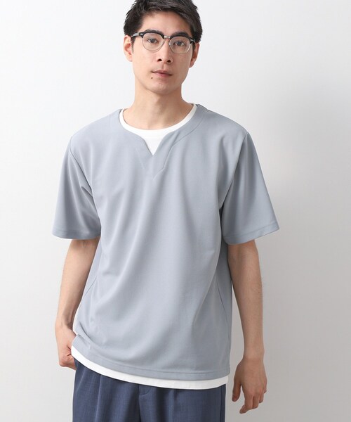 THE SHOP TK (ザ ショップ ティーケー )の「ツイルキーネック 半袖Tシャツ 接触冷感/洗濯機OK(Tシャツ/カットソー・メンズ・オフホワイト/ネイビー/ライトグレー/モスグリーン・02/03/04)」の1枚目の写真
