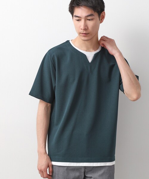 THE SHOP TK (ザ ショップ ティーケー )の「ツイルキーネック 半袖Tシャツ 接触冷感/洗濯機OK(Tシャツ/カットソー・メンズ・オフホワイト/ネイビー/ライトグレー/モスグリーン・02/03/04)」の3枚目の写真