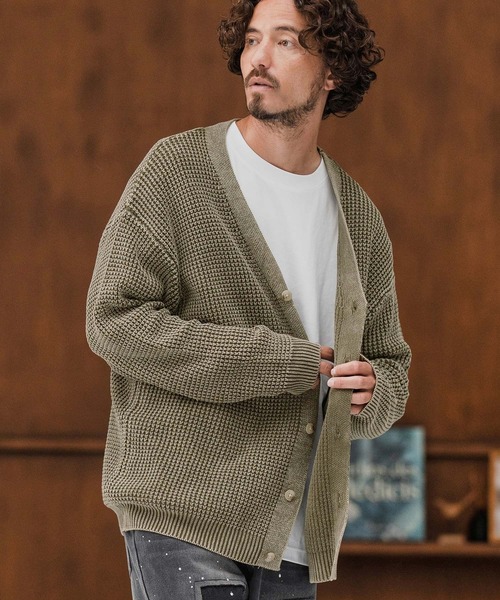 CAMBIO(カンビオ)の「mcg3667-Powder Bleach Waffle Cotton Knit Cardigan ニットカーディガン(カーディガン/ボレロ・メンズ・グレイッシュベージュ/カーキ/ブラック/ネイビー・M/L)」の3枚目の写真