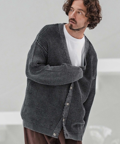 mcg3667-Powder Bleach Waffle Cotton Knit Cardigan ニット