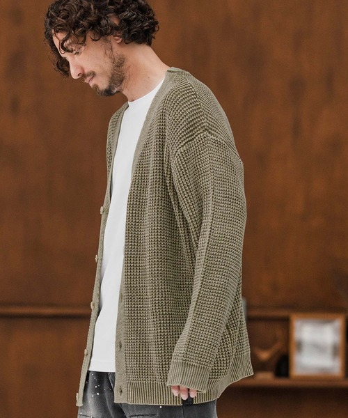 CAMBIO(カンビオ)の「mcg3667-Powder Bleach Waffle Cotton Knit Cardigan ニットカーディガン(カーディガン/ボレロ・メンズ・グレイッシュベージュ/カーキ/ブラック/ネイビー・M/L)」の6枚目の写真