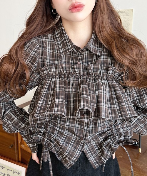セール】フリルビスチェセット裾ドロストリボン長袖チェックシャツ