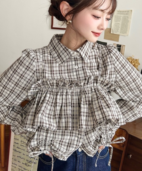 セール】フリルビスチェセット裾ドロストリボン長袖チェックシャツ