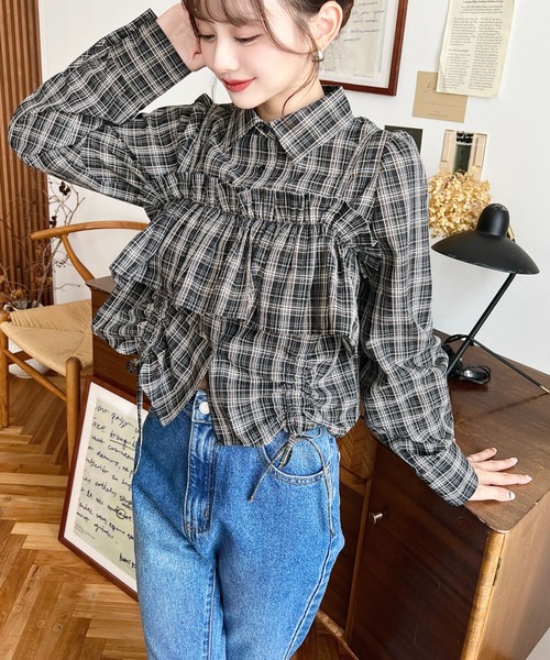 45rpm フリル付き　ネル　チェックシャツ　フォーティーファイブ　フリル セール】フリルビスチェセット裾ドロストリボン長袖チェックシャツ