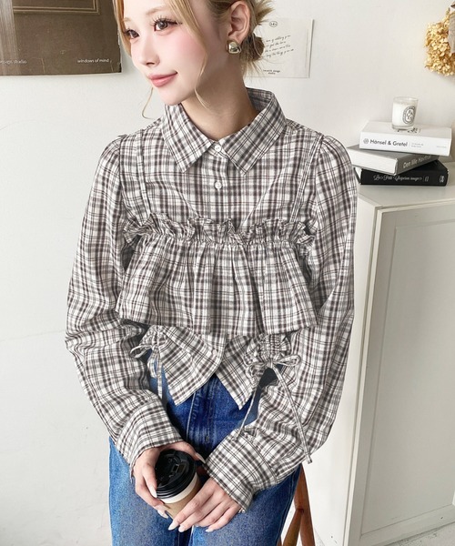 セール】フリルビスチェセット裾ドロストリボン長袖チェックシャツ
