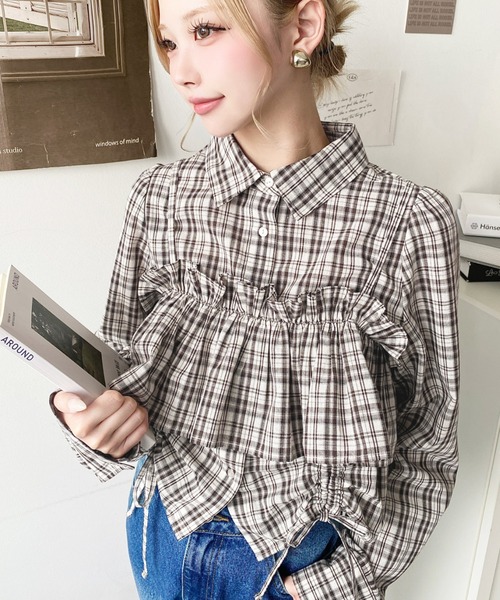 セール】フリルビスチェセット裾ドロストリボン長袖チェックシャツ