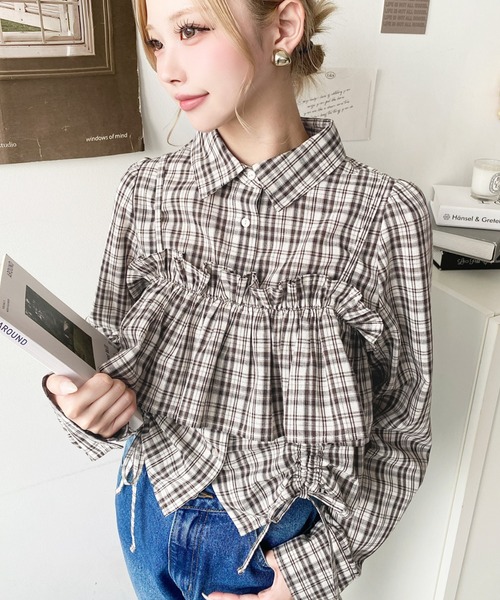 ISSEY MIYAKEフリル付き白グレーチェックTシャツ セール】フリルビスチェセット裾ドロストリボン長袖チェックシャツ