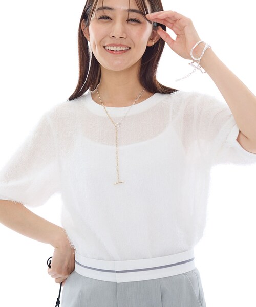 INDIVI 半袖シャツ アイボリー 38 タグ付き セール】【接触冷感】ヘアリージャカードトップス（シャツ