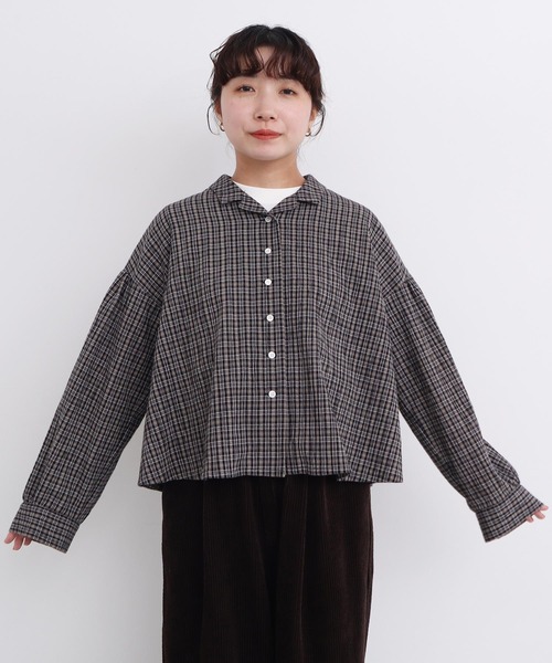l'atelier du savon(アトリエドサボン)の「●やさしいチェック ちび開襟ブラウス(シャツ/ブラウス・レディース・ブラック/ベージュ・FREE)」の9枚目の写真