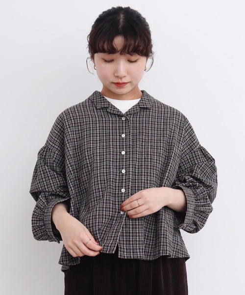 l'atelier du savon(アトリエドサボン)の「●やさしいチェック ちび開襟ブラウス(シャツ/ブラウス・レディース・ブラック/ベージュ・FREE)」の12枚目の写真
