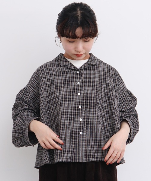 l'atelier du savon(アトリエドサボン)の「●やさしいチェック ちび開襟ブラウス(シャツ/ブラウス・レディース・ブラック/ベージュ・FREE)」の13枚目の写真