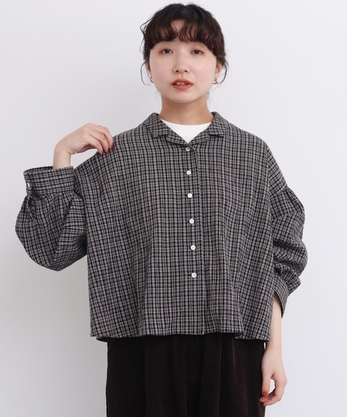 l'atelier du savon(アトリエドサボン)の「●やさしいチェック ちび開襟ブラウス(シャツ/ブラウス・レディース・ブラック/ベージュ・FREE)」の11枚目の写真