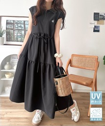 classicalelf（クラシカルエルフ）の「【UVカット ・吸湿速乾 ・防シワ機能付き】ヘルシーな肌見せで、抜け感のある大人カジュアル♪サッカーハーフジップフレンチスリーブティアードワンピース（ワンピース）」